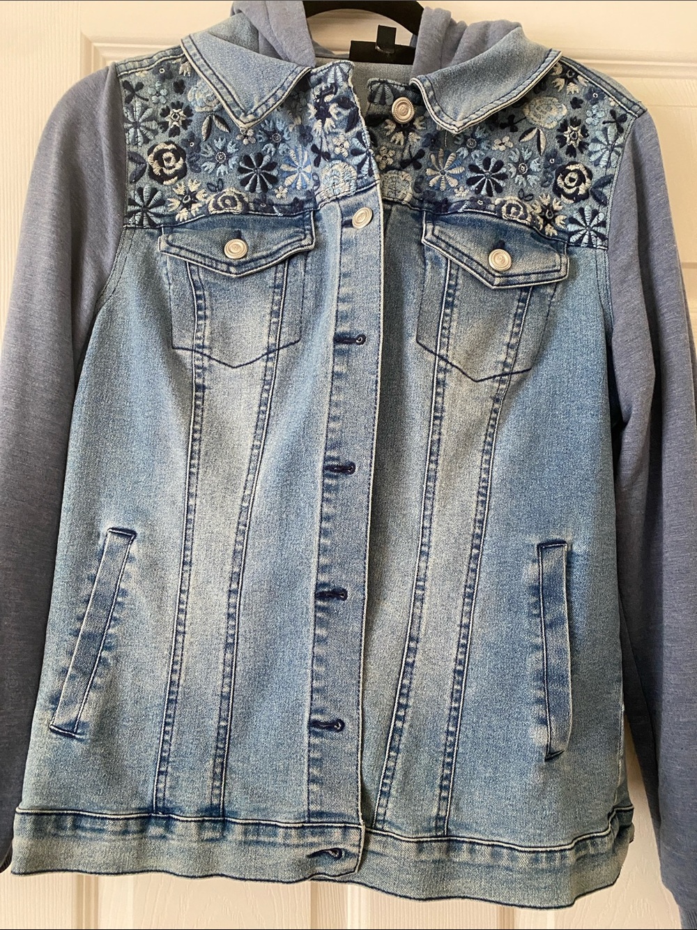 DG2 by Diane Gilman Light Blue Embroidered Denim Jacket with Knit Sleeves